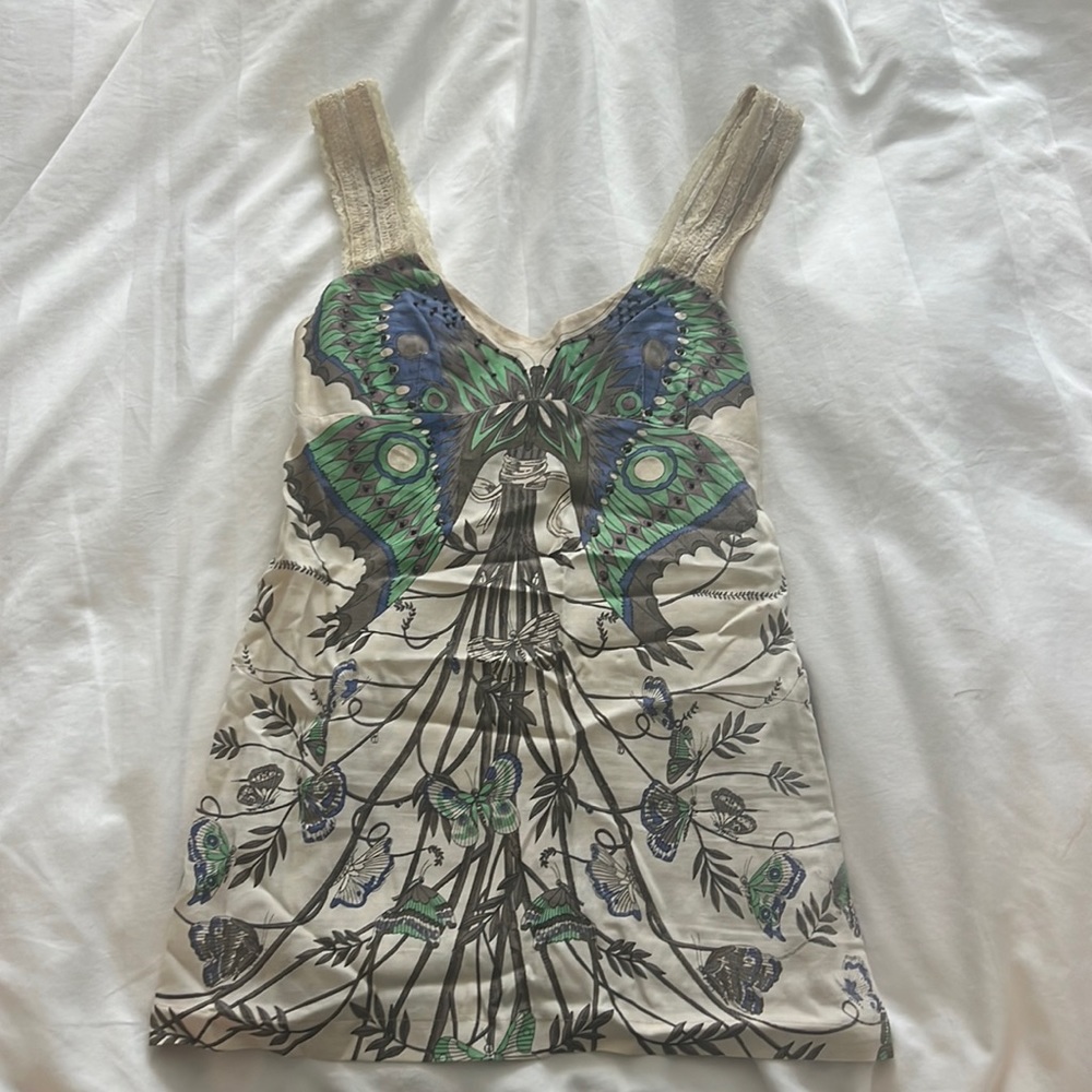 Free People linen mini butterfly dress with lace and bead detail. Sz S/6
